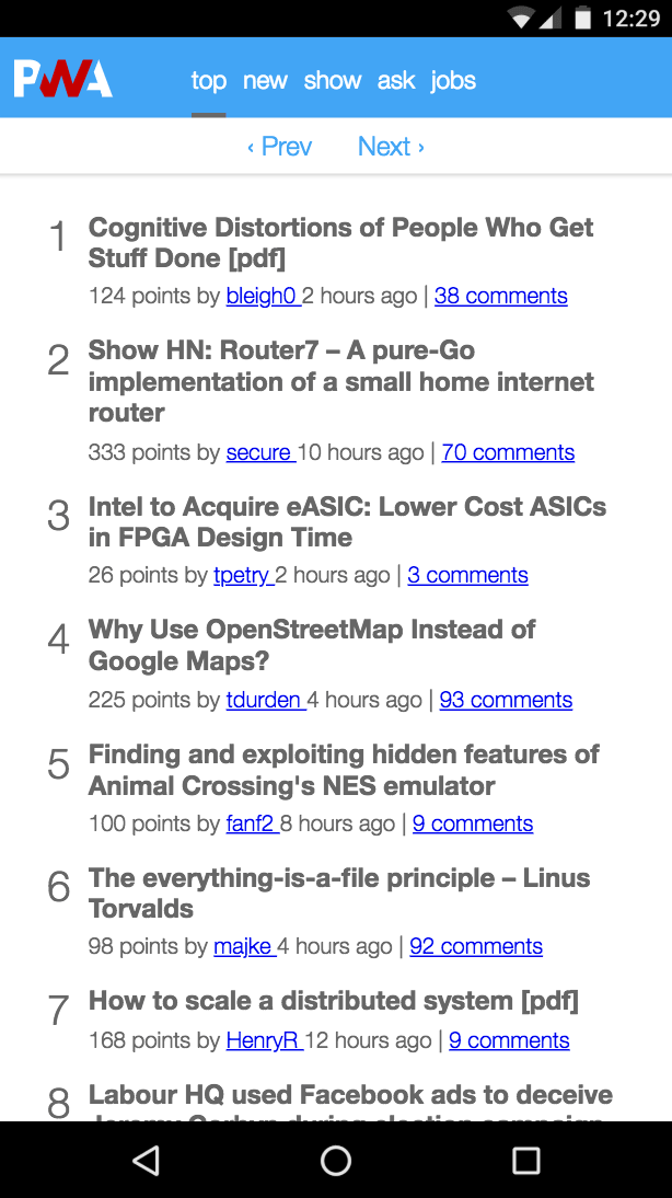 Angular Hacker News HN PWA running on a mobile phone